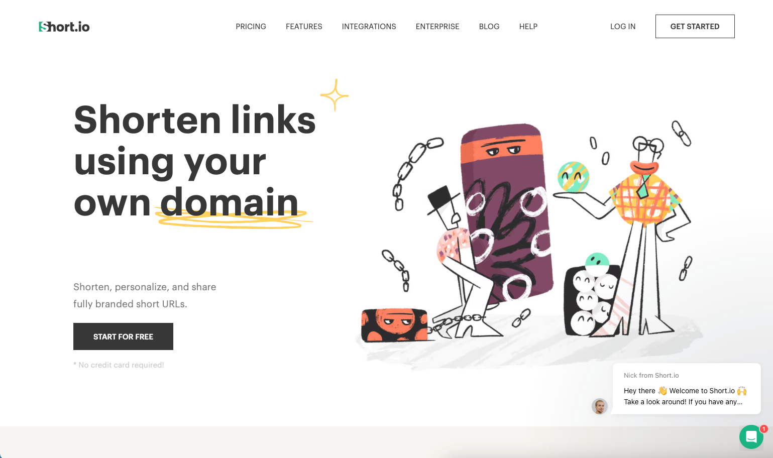 Landing page with friendly illustration: shorten links using your own domain.