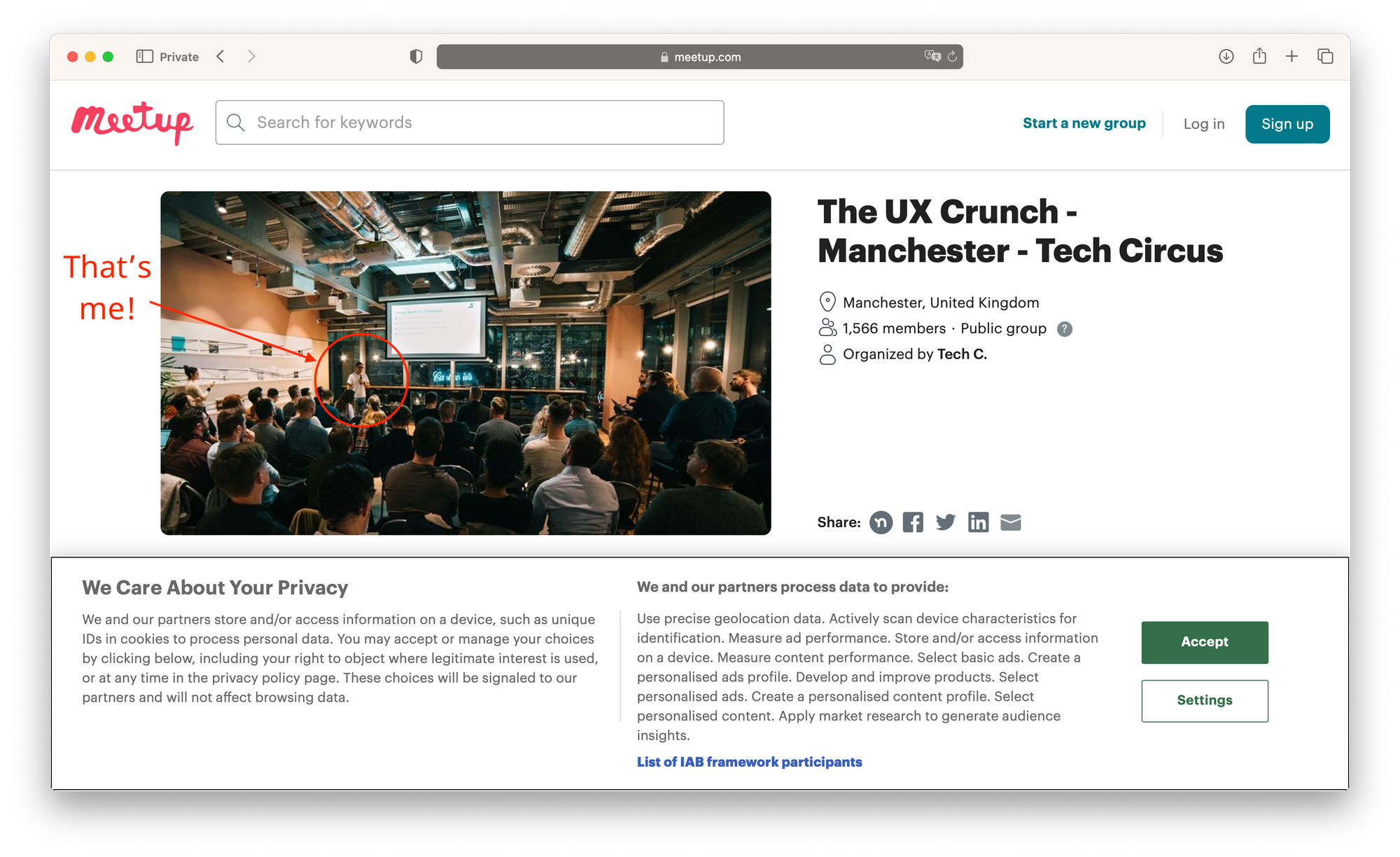 Landing page of The UX Crunch Manchester, with Chuck Rice featured speaking at a Design Sprint themed event.